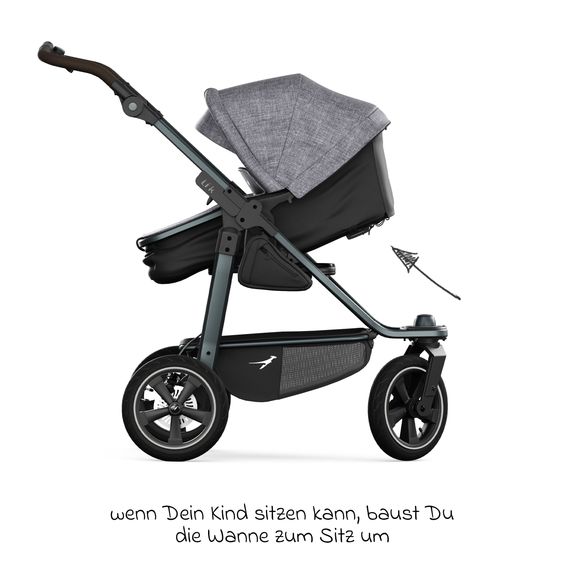 TFK Kombi-Kinderwagen Mono 3 Luftreifen mit neuer Bremse, Kombi-Einheit (Babywanne+Sitz) mit Liegeposition & XXL Zubehörpaket - Premium Grau
