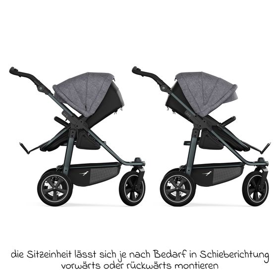 TFK Kombi-Kinderwagen Mono 3 Luftreifen mit neuer Bremse, Kombi-Einheit (Babywanne+Sitz) mit Liegeposition & XXL Zubehörpaket - Premium Grau