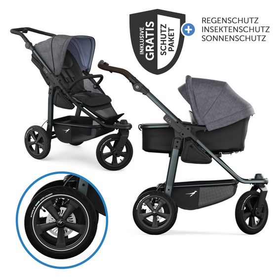 TFK Kombi-Kinderwagen Mono 3 Luftreifen inkl. Kombi-Einheit (Babywanne+Sitz) mit Liegeposition & XXL Zubehörpaket - Premium Schwarz