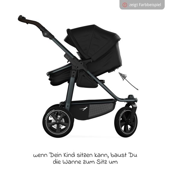 TFK Kombi-Kinderwagen Mono 3 Luftreifen inkl. Kombi-Einheit (Babywanne+Sitz) mit Liegeposition & XXL Zubehörpaket - Premium Schwarz