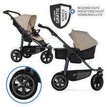 Kombi-Kinderwagen Mono 3 Luftreifen inkl. Kombi-Einheit (Babywanne+Sitz) mit Liegeposition & XXL Zubehörpaket - Sand