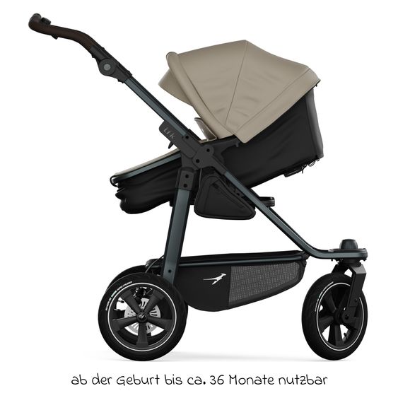 TFK Kombi-Kinderwagen Mono 3 Luftreifen inkl. Kombi-Einheit (Babywanne+Sitz) mit Liegeposition & XXL Zubehörpaket - Sand