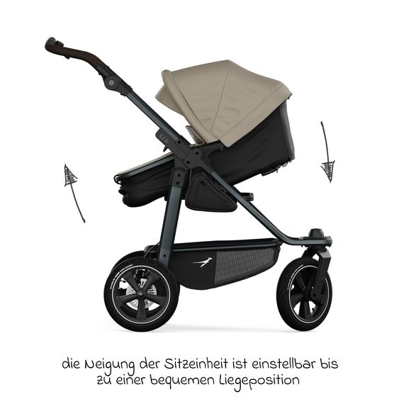 TFK Kombi-Kinderwagen Mono 3 Luftreifen inkl. Kombi-Einheit (Babywanne+Sitz) mit Liegeposition & XXL Zubehörpaket - Sand