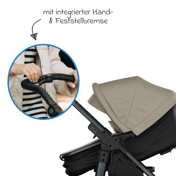 TFK Kombi-Kinderwagen Mono 3 Luftreifen inkl. Kombi-Einheit (Babywanne+Sitz) mit Liegeposition & XXL Zubehörpaket - Sand