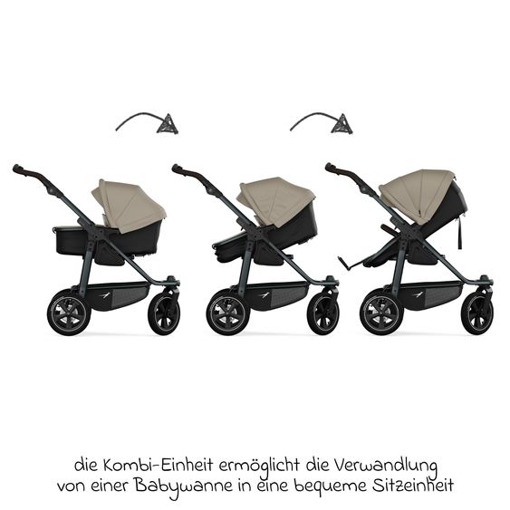 TFK Kombi-Kinderwagen Mono 3 Luftreifen inkl. Kombi-Einheit (Babywanne+Sitz) mit Liegeposition & XXL Zubehörpaket - Sand
