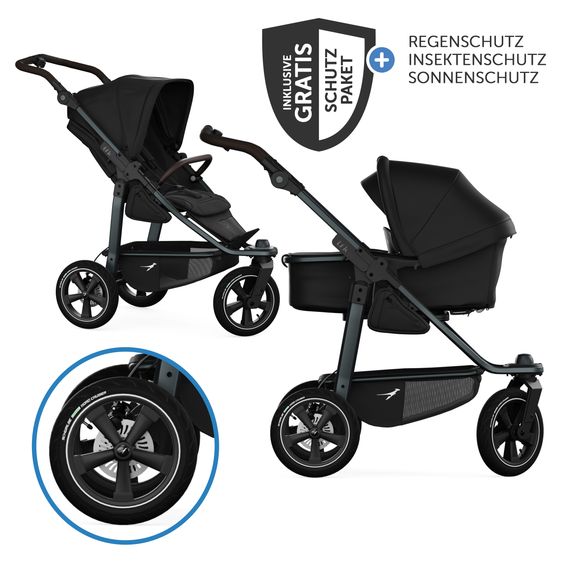 TFK Combi stroller Mono 3 Air Tires incl. Combi Unit (Carrycot+Seat) with Reclining Position & XXL Accessory Pack - Black