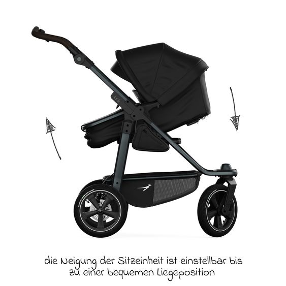 TFK Combi stroller Mono 3 Air Tires incl. Combi Unit (Carrycot+Seat) with Reclining Position & XXL Accessory Pack - Black