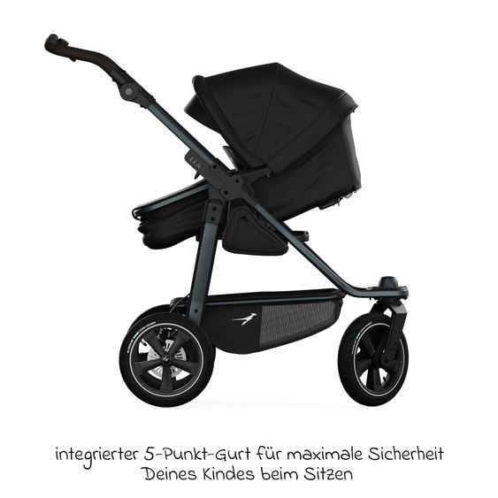 TFK Combi stroller Mono 3 Air Tires incl. Combi Unit (Carrycot+Seat) with Reclining Position & XXL Accessory Pack - Black