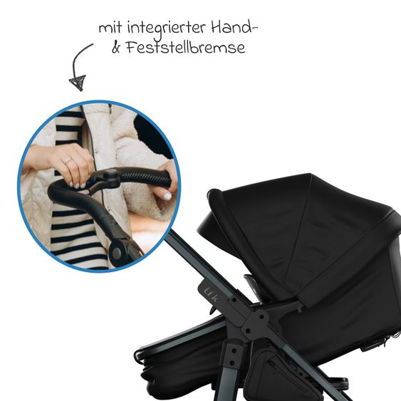 TFK Combi stroller Mono 3 Air Tires incl. Combi Unit (Carrycot+Seat) with Reclining Position & XXL Accessory Pack - Black