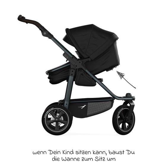 TFK Combi stroller Mono 3 Air Tires incl. Combi Unit (Carrycot+Seat) with Reclining Position & XXL Accessory Pack - Black