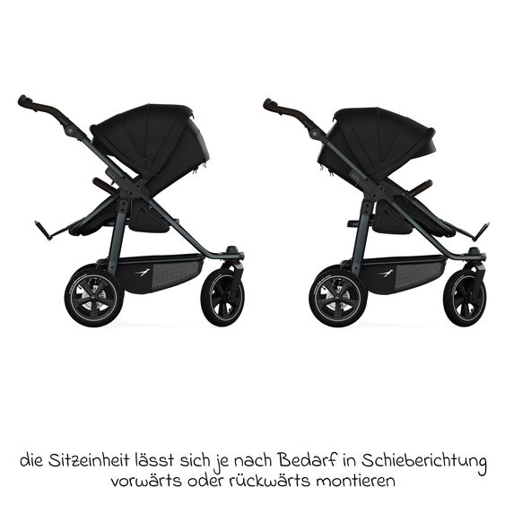 TFK Combi stroller Mono 3 Air Tires incl. Combi Unit (Carrycot+Seat) with Reclining Position & XXL Accessory Pack - Black