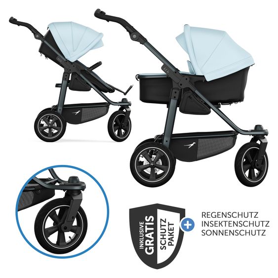 TFK Kombi-Kinderwagen Mono 3 Luftreifen neuer Bremse, Kombi-Einheit (Babywanne+Sitz), Liegeposition & XXL Zubehörpaket - Blau