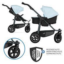 Kombi-Kinderwagen Mono 3 Luftreifen neuer Bremse, Kombi-Einheit (Babywanne+Sitz), Liegeposition & XXL Zubehörpaket - Blau