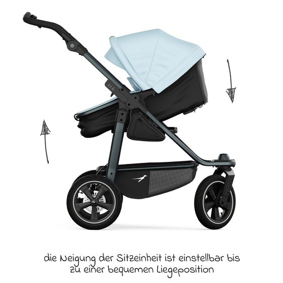 TFK Kombi-Kinderwagen Mono 3 Luftreifen neuer Bremse, Kombi-Einheit (Babywanne+Sitz), Liegeposition & XXL Zubehörpaket - Blau