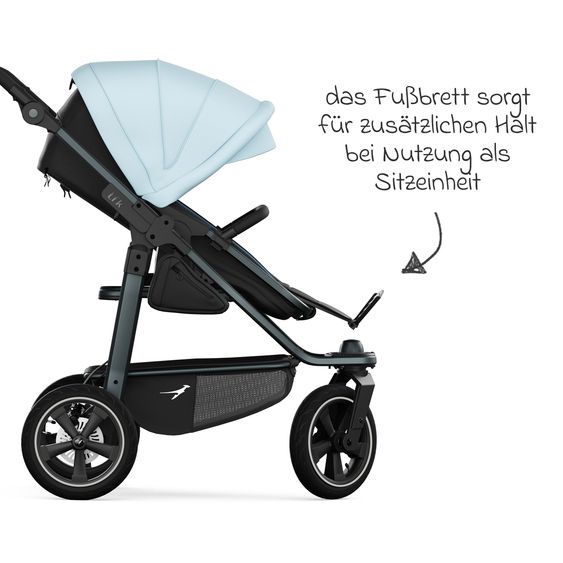 TFK Kombi-Kinderwagen Mono 3 Luftreifen neuer Bremse, Kombi-Einheit (Babywanne+Sitz), Liegeposition & XXL Zubehörpaket - Blau