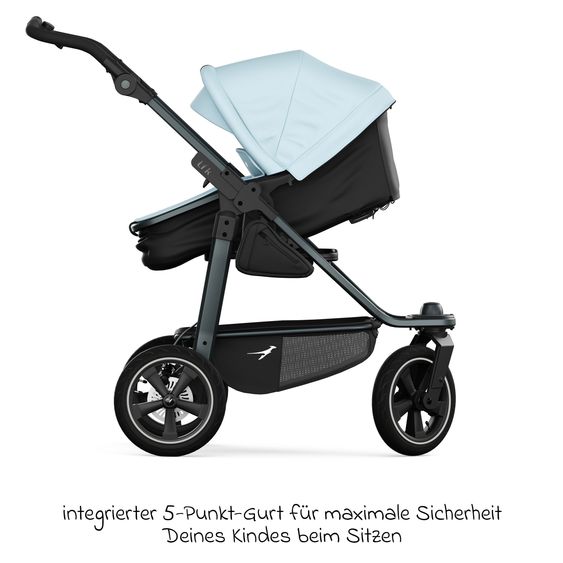TFK Kombi-Kinderwagen Mono 3 Luftreifen neuer Bremse, Kombi-Einheit (Babywanne+Sitz), Liegeposition & XXL Zubehörpaket - Blau