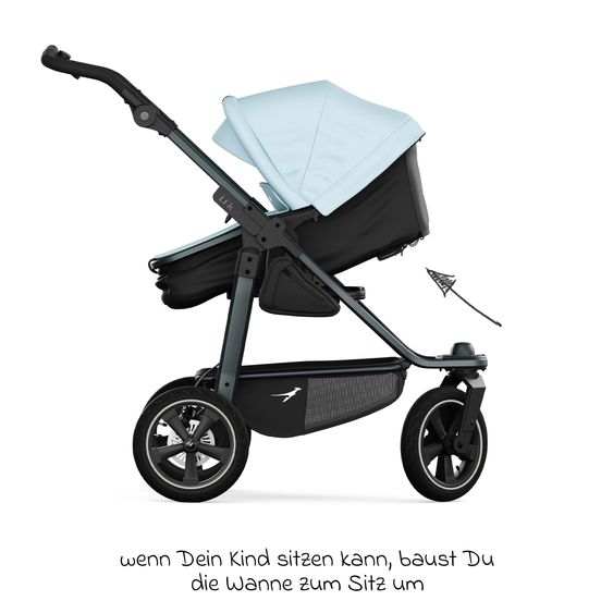 TFK Kombi-Kinderwagen Mono 3 Luftreifen neuer Bremse, Kombi-Einheit (Babywanne+Sitz), Liegeposition & XXL Zubehörpaket - Blau