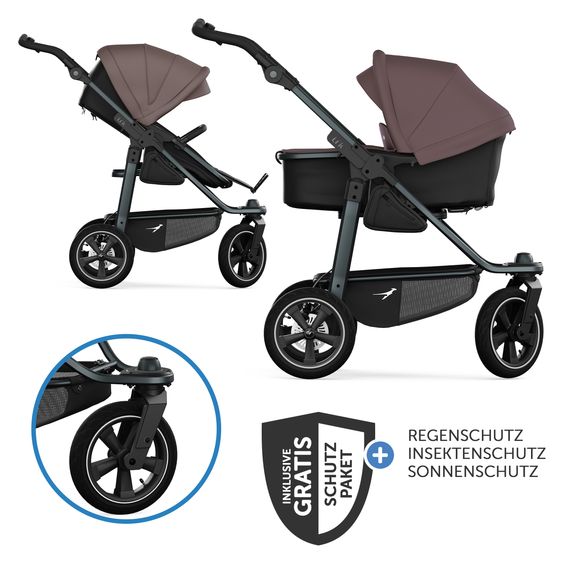 TFK Kombi-Kinderwagen Mono 3 Luftreifen neuer Bremse, Kombi-Einheit (Babywanne+Sitz), Liegeposition & XXL Zubehörpaket - Braun