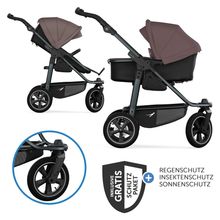 Kombi-Kinderwagen Mono 3 Luftreifen neuer Bremse, Kombi-Einheit (Babywanne+Sitz), Liegeposition & XXL Zubehörpaket - Braun