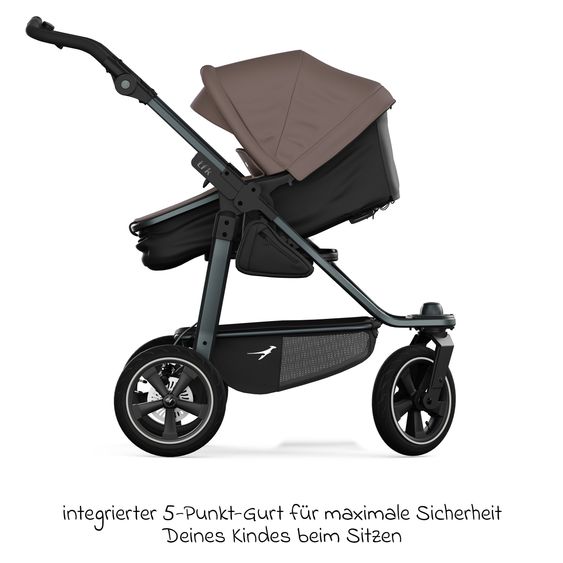 TFK Kombi-Kinderwagen Mono 3 Luftreifen neuer Bremse, Kombi-Einheit (Babywanne+Sitz), Liegeposition & XXL Zubehörpaket - Braun