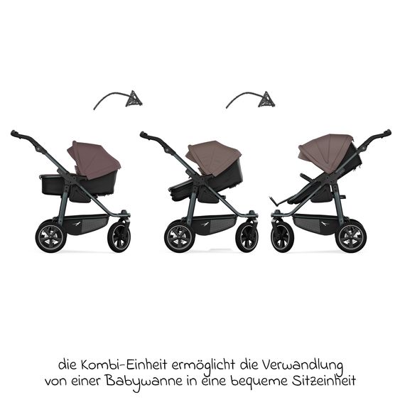 TFK Kombi-Kinderwagen Mono 3 Luftreifen neuer Bremse, Kombi-Einheit (Babywanne+Sitz), Liegeposition & XXL Zubehörpaket - Braun