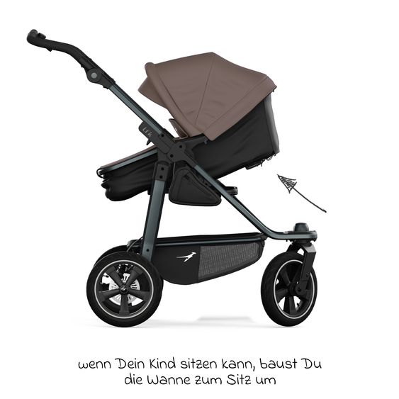 TFK Kombi-Kinderwagen Mono 3 Luftreifen neuer Bremse, Kombi-Einheit (Babywanne+Sitz), Liegeposition & XXL Zubehörpaket - Braun