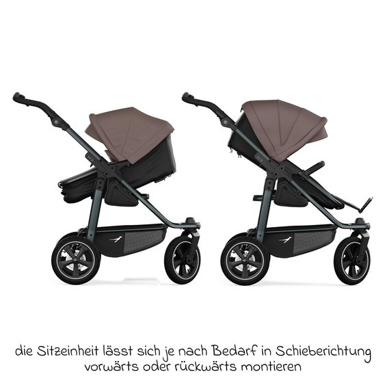 TFK Kombi-Kinderwagen Mono 3 Luftreifen neuer Bremse, Kombi-Einheit (Babywanne+Sitz), Liegeposition & XXL Zubehörpaket - Braun