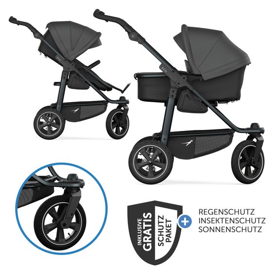 TFK Kombi-Kinderwagen Mono 3 Luftreifen neuer Bremse, Kombi-Einheit (Babywanne+Sitz), Liegeposition & XXL Zubehörpaket - Grau