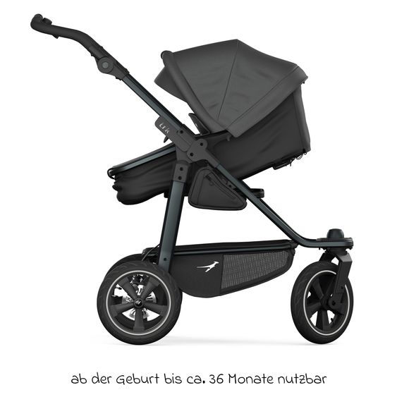TFK Kombi-Kinderwagen Mono 3 Luftreifen neuer Bremse, Kombi-Einheit (Babywanne+Sitz), Liegeposition & XXL Zubehörpaket - Grau