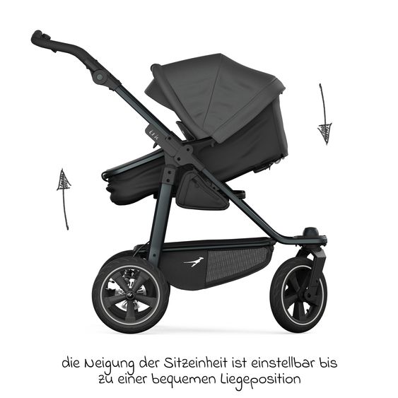 TFK Kombi-Kinderwagen Mono 3 Luftreifen neuer Bremse, Kombi-Einheit (Babywanne+Sitz), Liegeposition & XXL Zubehörpaket - Grau