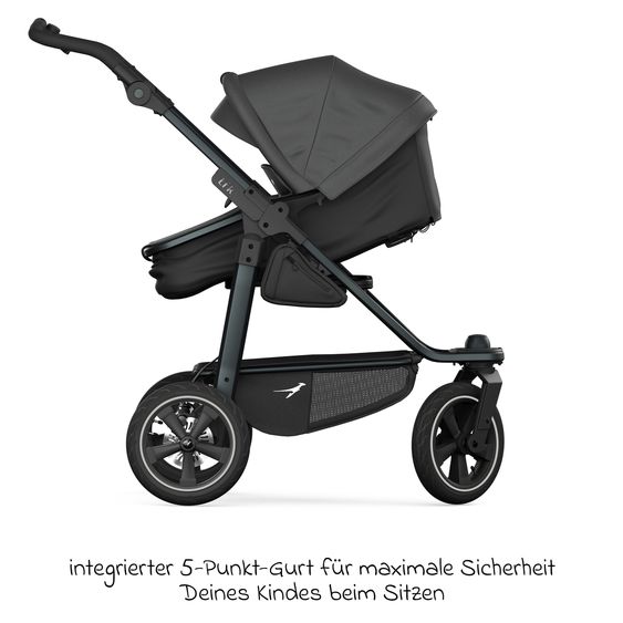 TFK Kombi-Kinderwagen Mono 3 Luftreifen neuer Bremse, Kombi-Einheit (Babywanne+Sitz), Liegeposition & XXL Zubehörpaket - Grau