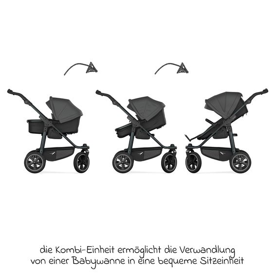 TFK Kombi-Kinderwagen Mono 3 Luftreifen neuer Bremse, Kombi-Einheit (Babywanne+Sitz), Liegeposition & XXL Zubehörpaket - Grau