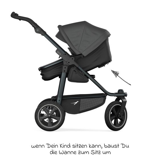TFK Kombi-Kinderwagen Mono 3 Luftreifen neuer Bremse, Kombi-Einheit (Babywanne+Sitz), Liegeposition & XXL Zubehörpaket - Grau