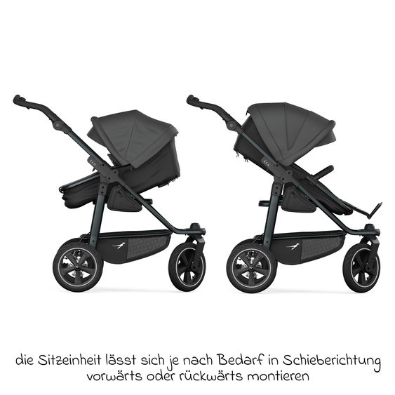 TFK Kombi-Kinderwagen Mono 3 Luftreifen neuer Bremse, Kombi-Einheit (Babywanne+Sitz), Liegeposition & XXL Zubehörpaket - Grau