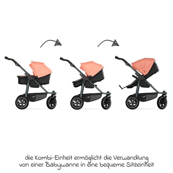 TFK Kombi-Kinderwagen Mono 3 Luftreifen neuer Bremse, Kombi-Einheit (Babywanne+Sitz), Liegeposition & XXL Zubehörpaket - Lachs