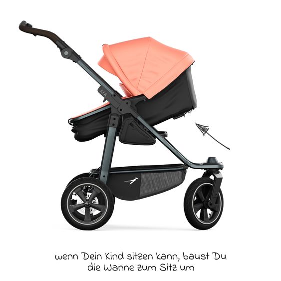 TFK Kombi-Kinderwagen Mono 3 Luftreifen neuer Bremse, Kombi-Einheit (Babywanne+Sitz), Liegeposition & XXL Zubehörpaket - Lachs