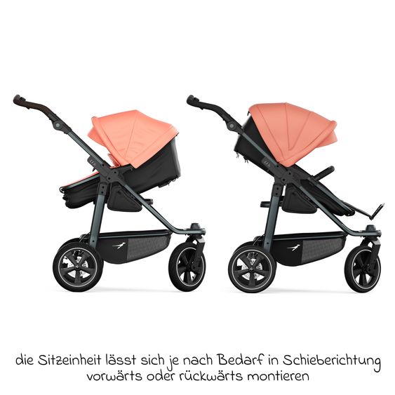 TFK Kombi-Kinderwagen Mono 3 Luftreifen neuer Bremse, Kombi-Einheit (Babywanne+Sitz), Liegeposition & XXL Zubehörpaket - Lachs