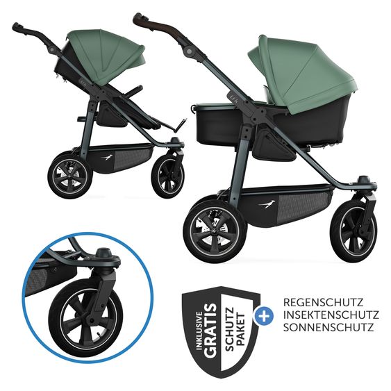 TFK Kombi-Kinderwagen Mono 3 Luftreifen neuer Bremse, Kombi-Einheit (Babywanne+Sitz), Liegeposition & XXL Zubehörpaket - Olive