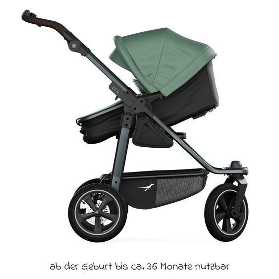 TFK Kombi-Kinderwagen Mono 3 Luftreifen neuer Bremse, Kombi-Einheit (Babywanne+Sitz), Liegeposition & XXL Zubehörpaket - Olive