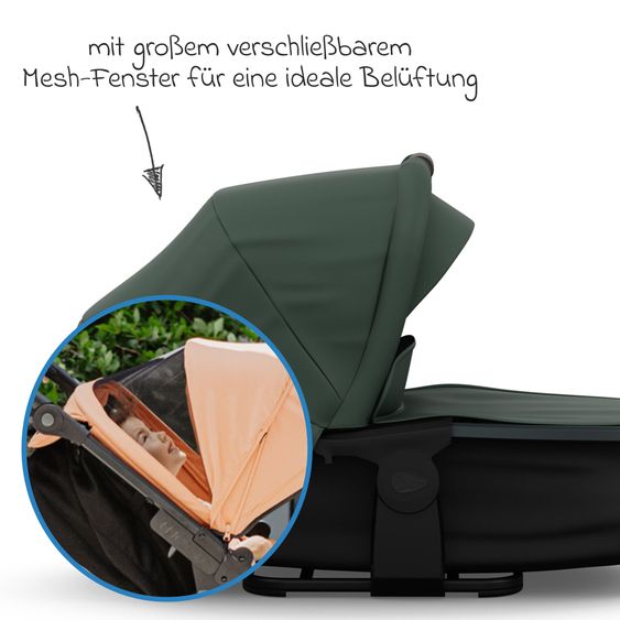 TFK Kombi-Kinderwagen Mono 3 Luftreifen neuer Bremse, Kombi-Einheit (Babywanne+Sitz), Liegeposition & XXL Zubehörpaket - Olive