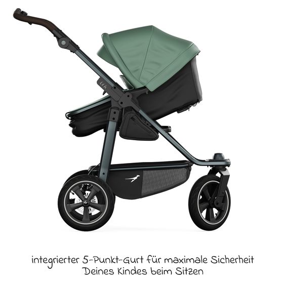 TFK Kombi-Kinderwagen Mono 3 Luftreifen neuer Bremse, Kombi-Einheit (Babywanne+Sitz), Liegeposition & XXL Zubehörpaket - Olive