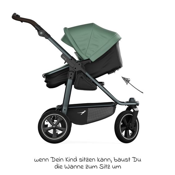 TFK Kombi-Kinderwagen Mono 3 Luftreifen neuer Bremse, Kombi-Einheit (Babywanne+Sitz), Liegeposition & XXL Zubehörpaket - Olive