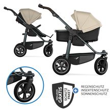 Kombi-Kinderwagen Mono 3 Luftreifen neuer Bremse, Kombi-Einheit (Babywanne+Sitz), Liegeposition & XXL Zubehörpaket - Sand