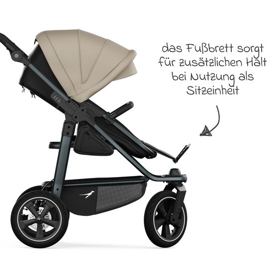 TFK Kombi-Kinderwagen Mono 3 Luftreifen neuer Bremse, Kombi-Einheit (Babywanne+Sitz), Liegeposition & XXL Zubehörpaket - Sand
