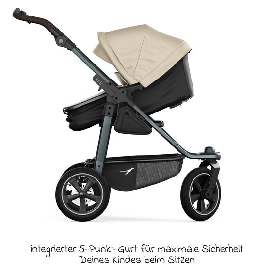 TFK Kombi-Kinderwagen Mono 3 Luftreifen neuer Bremse, Kombi-Einheit (Babywanne+Sitz), Liegeposition & XXL Zubehörpaket - Sand