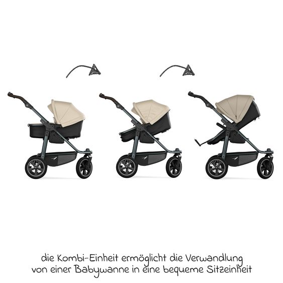 TFK Kombi-Kinderwagen Mono 3 Luftreifen neuer Bremse, Kombi-Einheit (Babywanne+Sitz), Liegeposition & XXL Zubehörpaket - Sand