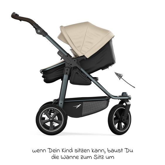 TFK Kombi-Kinderwagen Mono 3 Luftreifen neuer Bremse, Kombi-Einheit (Babywanne+Sitz), Liegeposition & XXL Zubehörpaket - Sand