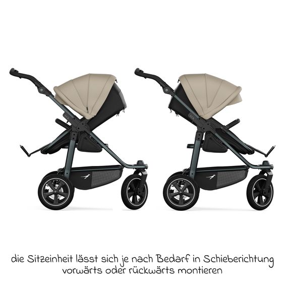 TFK Kombi-Kinderwagen Mono 3 Luftreifen neuer Bremse, Kombi-Einheit (Babywanne+Sitz), Liegeposition & XXL Zubehörpaket - Sand