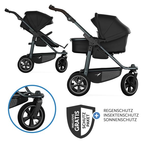 TFK Kombi-Kinderwagen Mono 3 Luftreifen neuer Bremse, Kombi-Einheit (Babywanne+Sitz), Liegeposition & XXL Zubehörpaket - Schwarz