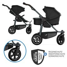 Kombi-Kinderwagen Mono 3 Luftreifen neuer Bremse, Kombi-Einheit (Babywanne+Sitz), Liegeposition & XXL Zubehörpaket - Schwarz